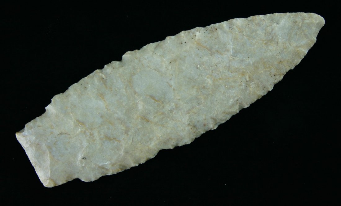4 1/4" Stringtown Lance: Pretty light gray chert example from Medina Co., Ohio. Paleo Classic.
