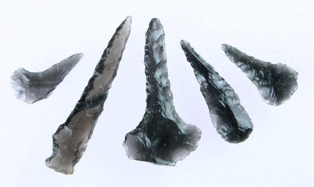 5 Obsidian Drills: Northern California grouping all in translucent cloudy Obsidian.
