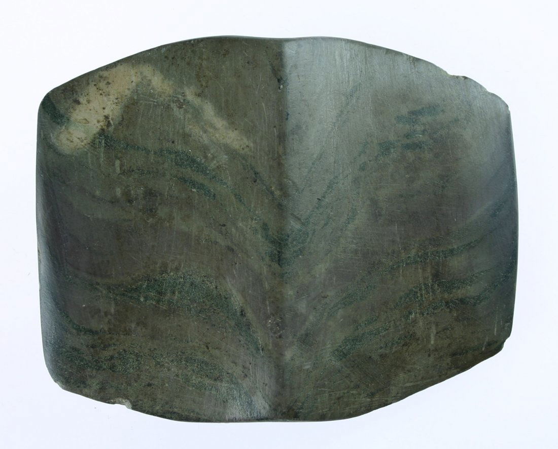 3 1/8"x4 1/8" Winged Bannerstone - Jackson, Bennett: Green and Red banded Slate example from Morgan Co., Ohio formerly of the Joe Tinnis Collection. Jackson, Bennett, Partain COAs.