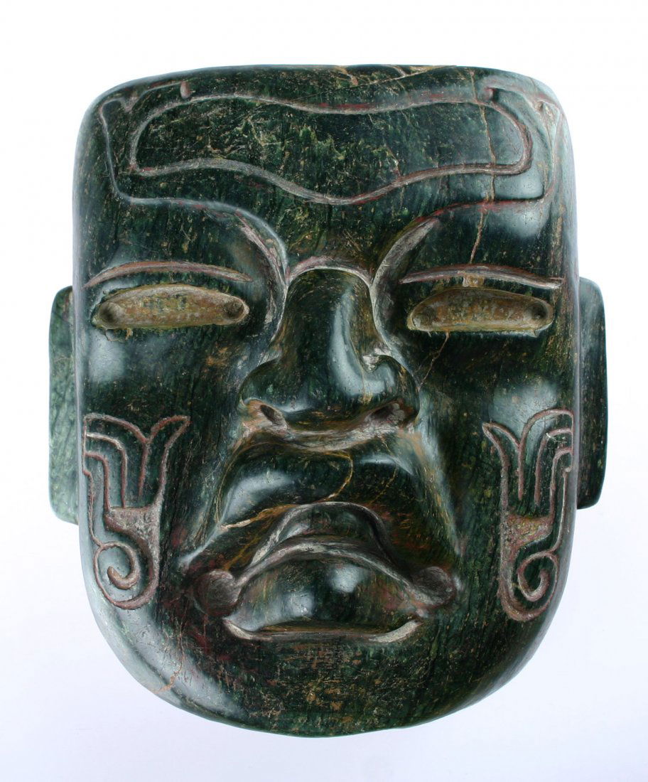6 3/8"x5 3/4" Olmec-Style Mask - Decorative: Well made in jadeite example after the classic Olmec Style with good polish. Decorative Only.