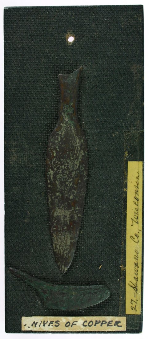 Old Copper Culture Spear and Knife Display: Spear measures 5 1/6" and knife measures 2 1/2". Both listed as being found between 1935-1936 in Shawano Co., Wisconsin. Formerly of the Theodore Kouba Collection.