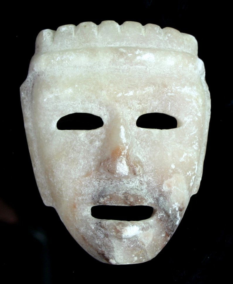 3 5/8" PreColumbian-STYLE Maskette - DECORATIVE ONL: Alabaster example with excellent detail being sold as decorative only.