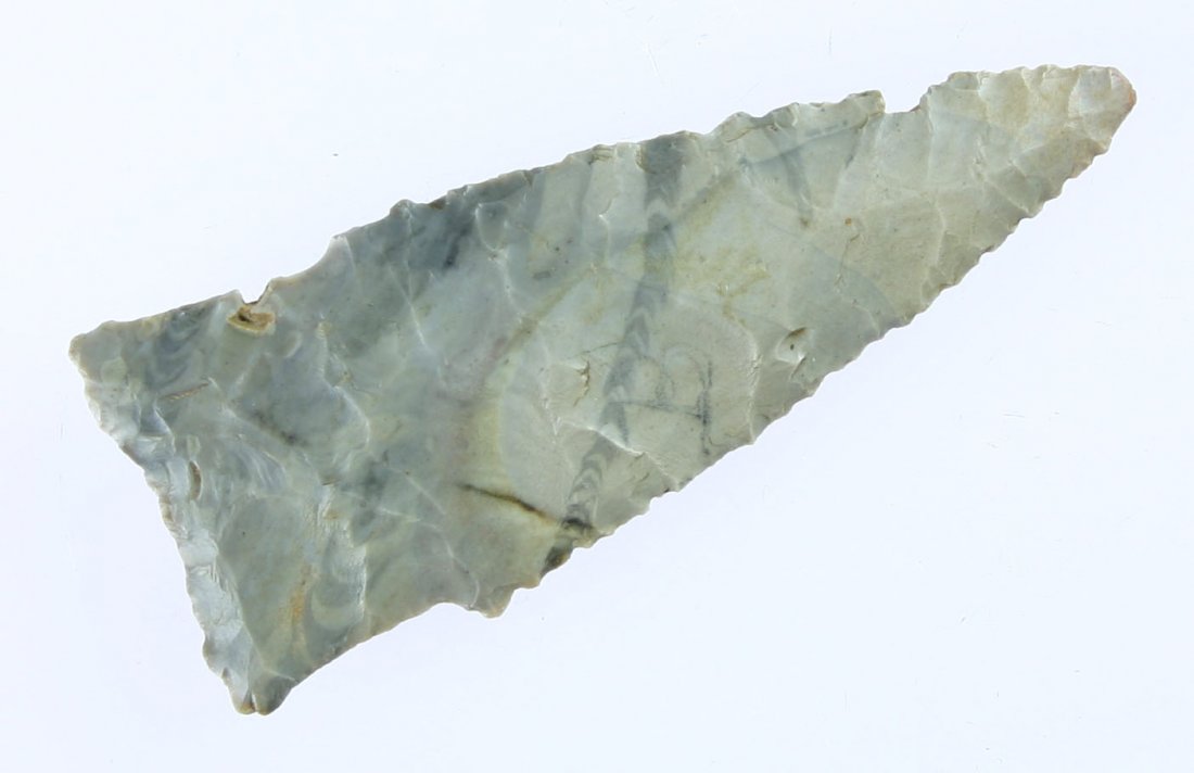2 11/16" Scottsbluff - Jackson & Stermer COA's: Pretty glossy stripped chert in creams, grays, and blues. No modern damage. Fossil dissolution on blade and basal edge in two spots on one side. Found in Oklahoma. Ex- Ohmes Collection. Jackson and St