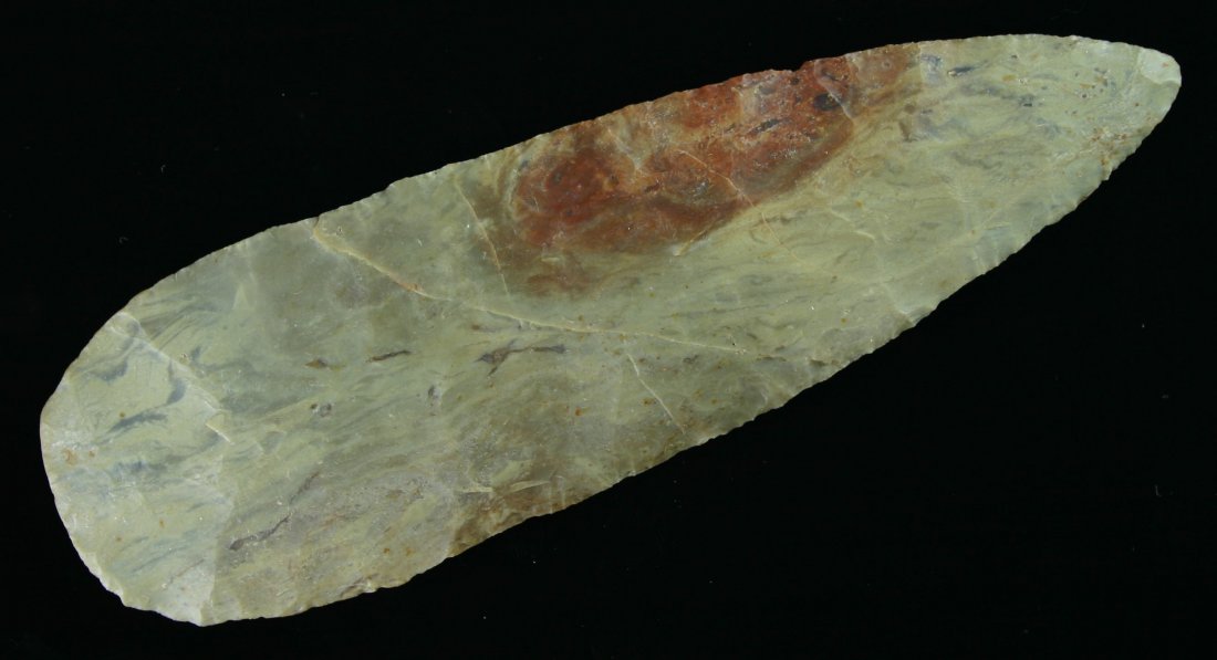 6 3/4" Cobbs Knife - Davis G-10, Bennett, & Partai: Truly outstanding example made of extra pretty caramel and red colored Carter Cave Flint. Found in Boyd Co., Kentucky. Ex- Dr. Fred Cory and James Willis Collections. Davis G-10, Bennett, & Partain CO