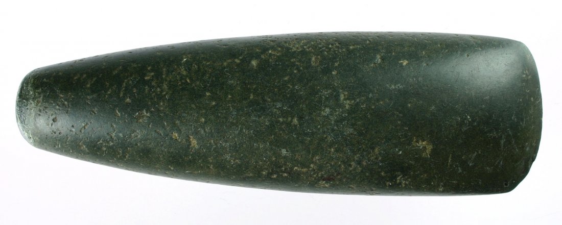 7" Tapered Poll Celt: Superb polish example found in 1932 in Richland Co., Wisconsin by Theodore Kouba. Ex - Kouba Collection.