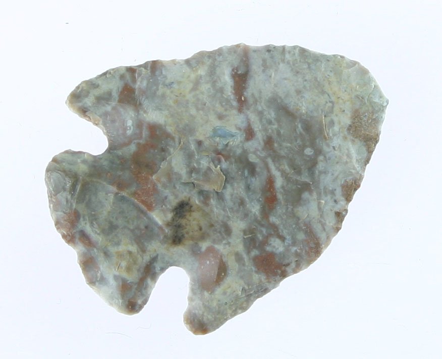 1 1/2" Dovetail: Ohio example in pretty cream, gray and maroon mottled chert. Striking!