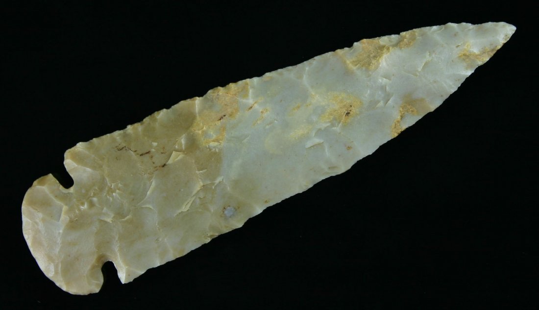 'Pictured' 4 1/8" Flint Ridge Dovetail - Partain C: Semi-translucent Flint Ridge with great color. Found in Crawford Co., Ohio. Ex- Johns, Nelson, and Lar Hothem. Pictured in Ohio Dovetails by Hothem, page 31. Partain COA.