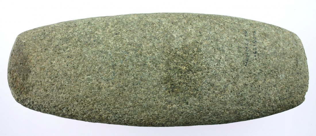 9 1/8" Square Poll Celt: Found near Monmouth in Warren Co., Illinois. Granite example with good mineralization.