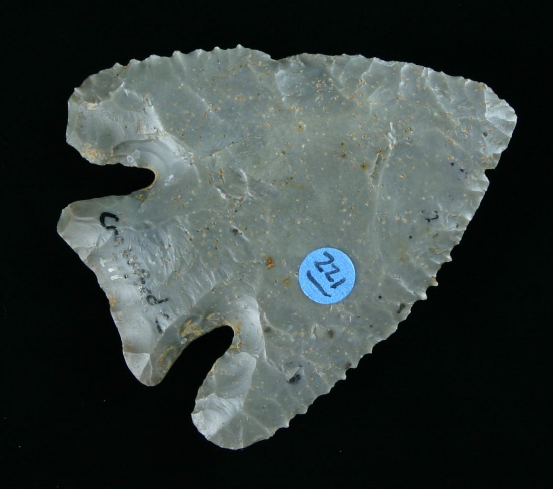 2" Lost Lake - Perino & Davis G-9 COA's: Classic form and flaking. Nice deep notches. Found in Crawford Co., Illinois. Material ID'ed by Davis as Hornstone. Ex- Brad MacKenzie Collection. Perino and Davis COA's.