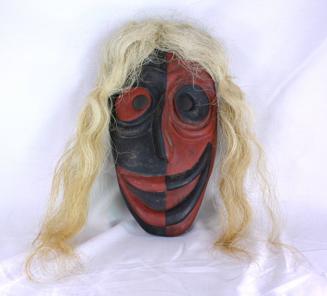 13"x6 1/2" Iroquois False Face Mask: Polychrome example grotesque with Horsehair locks. New York State. Exact Age unknown