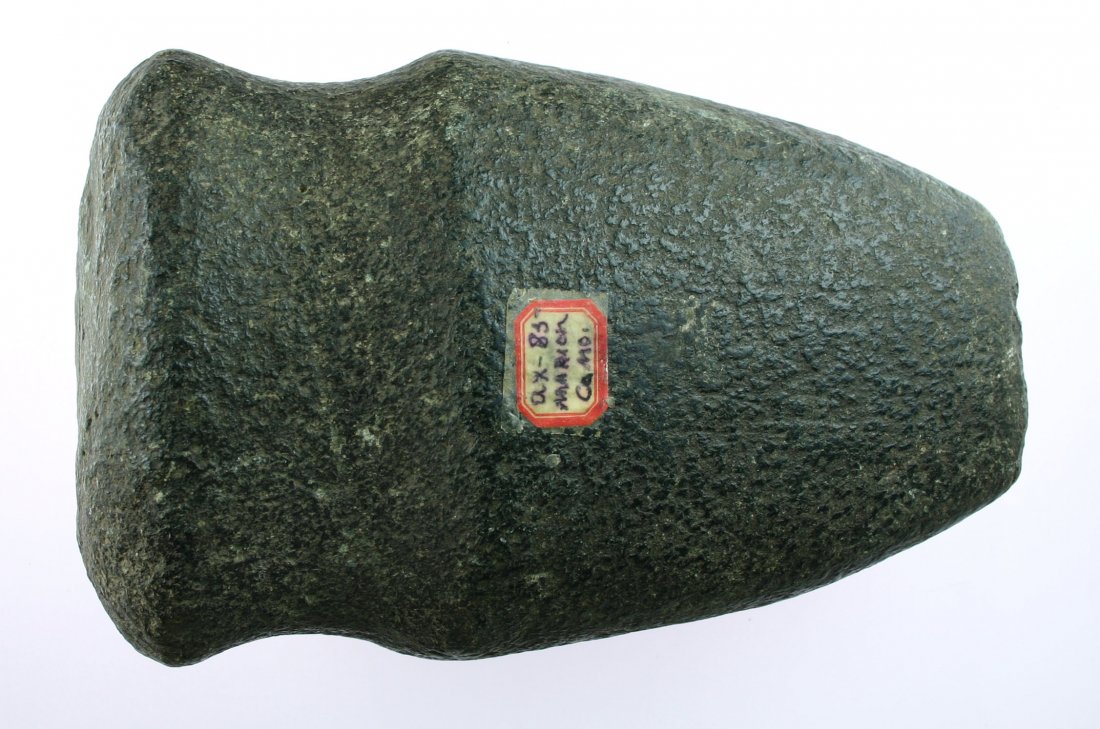 7" Full Groove Axe: Marion Co., Missouri example in a dark granite with old collector script.