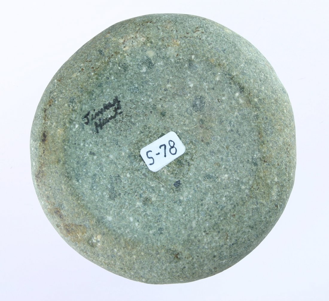 3 5/16" Porphyry Discoidal - Jackson COA: Double cupped and extra nice. Light green, cream, and white Porphyry. Found in Belmont Co., Ohio. Ex- Billy Bush Collection. Old writing says - 'Jimmy Hunt'. Jackson COA.
