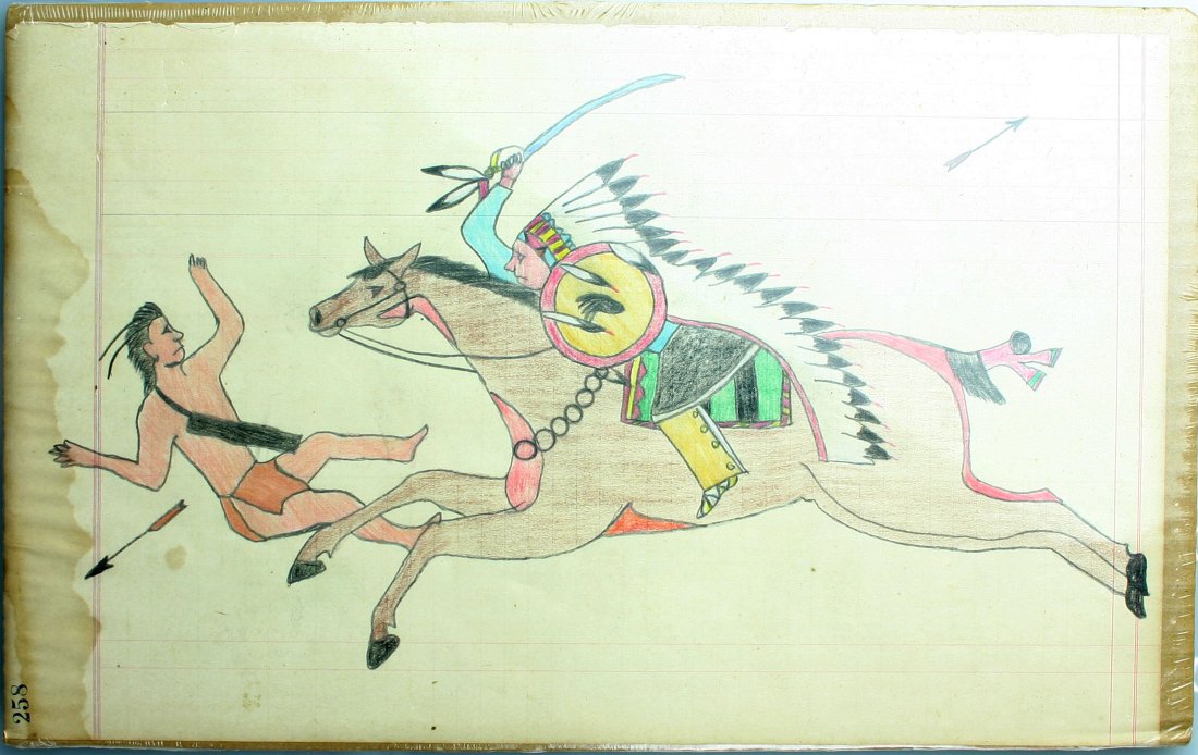 9 1/2"x15 1/2" Sioux Ledger Drawing: Nice drawing of a Chief running down an opponent with a sword and shield. Colored Pencil. Shrunk-wrapped in plastic on cardboard for preservation.