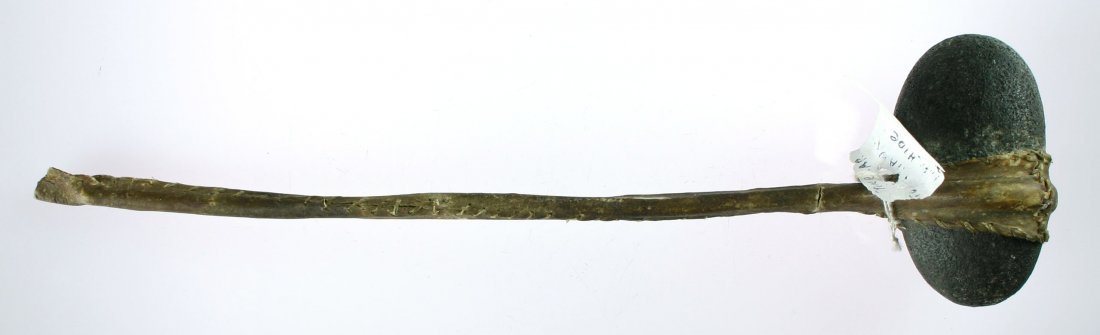 13" Hide-wrapped War Club: Stone head with hide wrapped handle from the plains. Ex - Ted Kouba Collection