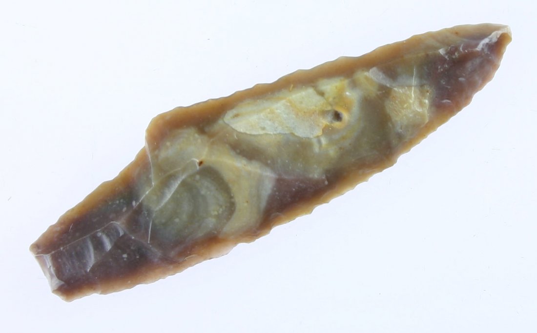 3 1/8" Magdalenian Shouldered Point - Jackson COA: Excellent example from the Upper Paleolithic in Morroco. Colorful high grade chalcedony with exellent weathering. Jackson COA