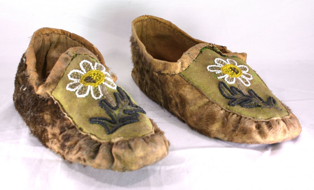 10 1/2" Beaded Moccasins: Reservation period examples with use wear and interesting beaded patterns. Alaskan Type. Ex - Theodore Kouba Collection.