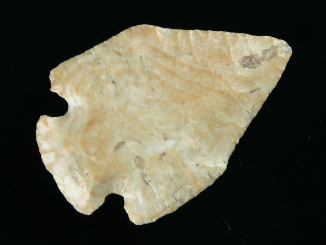 1 15/16" Ohio Pentagonal - Jackson COA: Rare type. Great form and symmetry. Middle Archaic. Much older than the Jacks Reef pentagonals. Made of mottled cream chert. Found in Ohio. Jackson COA.