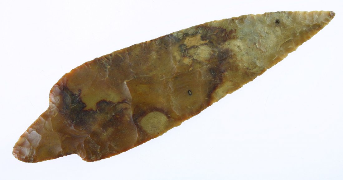 8" Mayan Stemmed Knife: Orange Colha Chert example from the Yucatan region of Central America. Estate find with nice translucency.