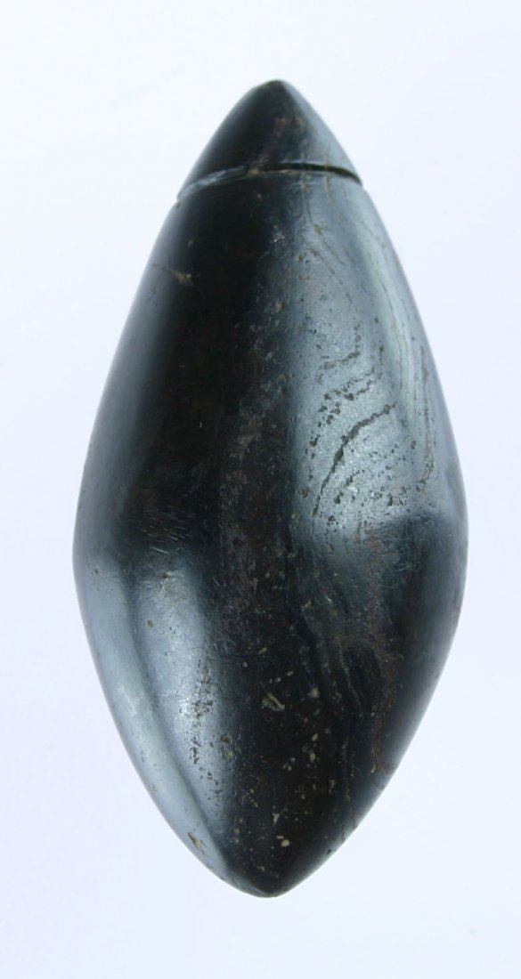2 1/2" Grooved Hematite Plummet - Baker G-9 COA: Literally as good as they get. Exceptional extremely high polished and well proportioned example. Found in Ohio. Ex- Terry Barker. Baker G-9 COA.