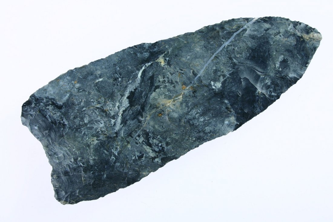 5 1/16" Paleo Knife: Excellent example found by Lar Hothem on May 10, 1982 in Greenfield Township in Fairfiled Co., Ohio. Pretty Coshocton. Excellent example.
