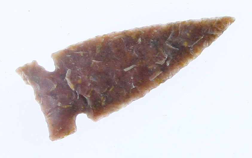 1 5/8" Cut Bank Jaw Notched - Ex- George Green: Nicely translucent high grade purple/red chert. Thin with precise flaking. Ex- George Green Collection. Found by George Green in Lincoln Co., Nebraska.