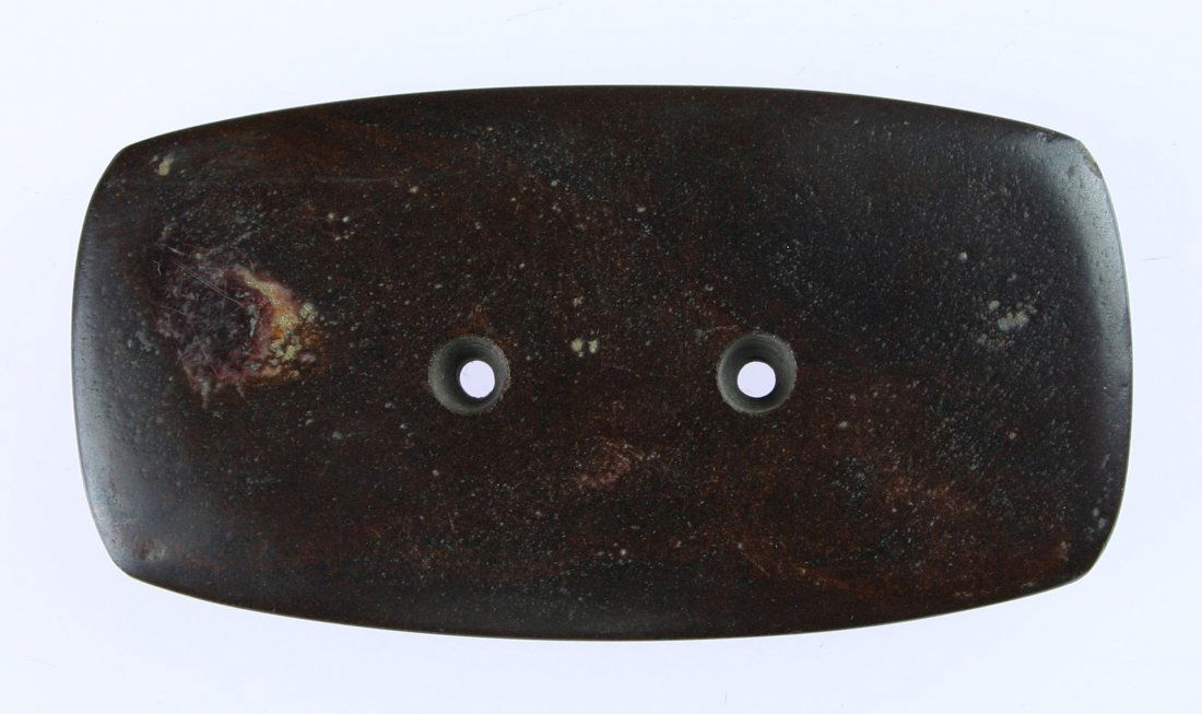 3 3/8" Hematite Gorget - Putty COA: Gorgeous highly polished and expertly crafted two-hole hematite gorget. Heavily cleaned. From the collection of Ed Vaught of America's Artifacts, Roswell, Georgia. Putty COA.