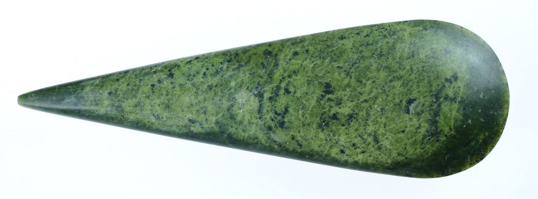 8 1/2" Maori Jade Celt: New Zealand masterpiece in green jade formerly of the Dave Kilander Collection. Circa 1840-1890 AD