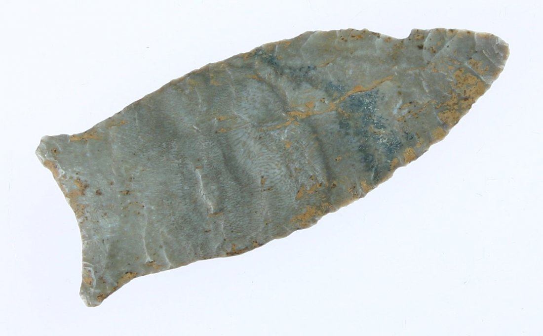2 3/8" Beaver Lake - Ex- Tom Davis: Thin and excellent. Light gray Hornstone with blue mottling. Kentucky type and material.
