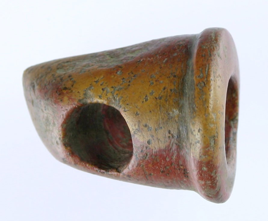 1 9/16" Ft. Ancient Pipe - Jackson COA: Nice canine tooth effigy pipe made from Feurt Hill Pipestone with reds and yellows. Nicely polished. Jackson COA