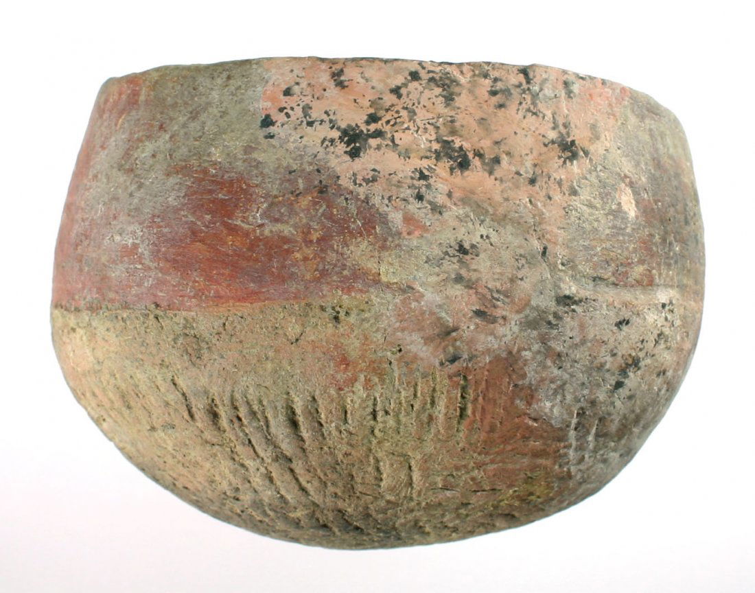 4" x 5 3/4" Redware Bowl - RESTORED: Prehistoric example with textured base. Total Restoration approx 25% - some major fill but mostly seam fill and painting. Great shelf display.