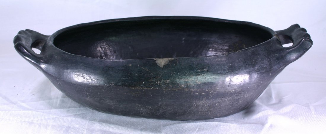 13 1/2" Pottery Feast Bowl: Fired clay example probably from the American Southwest. Exact age unknown but unlikely more than 100 years old. Nice scalloped handles.