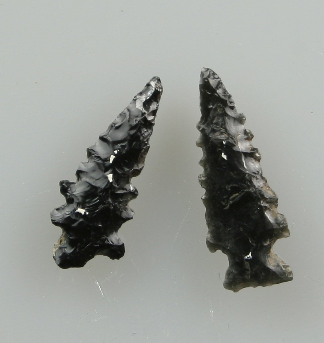 Pair of Stockton Points: Nicely made pair of Stocktons from Central California and formely of the C.L. Pugh Museum. Obsidian with serrations. Collected prior to 1930.