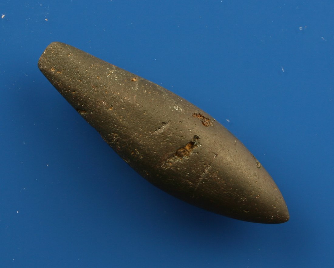 3 1/16" Undrilled Hematite Plummet - Ex- Tom Davis: Well built with flattened stem for drilling. Highly polished hematite. Reported by Tom Davis as found in Kentucky.