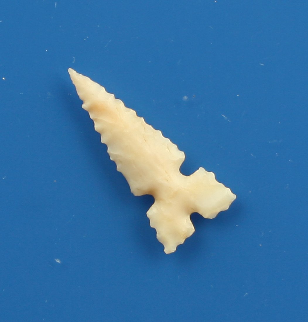 1 1/4" Cahokia from St. Clair Co., Illinois: Beautiful translucent almost pure white top grade chalcedony. 30 distinct notches around the perimeter. Old writing - 'St. Cl. IL' (St. Clair Co., Illinois. Site of the famous Cahokia Mounds).