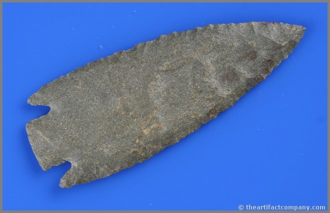 4 7/8" Little River - Perino COA: The best Little River we have ever handled. Ultra thin with superb symmetry and craftsmanship. Classic form found near DeQueen, Arkansas and made of shimmering gray Ouachita Quartzite. Good Perino COA
