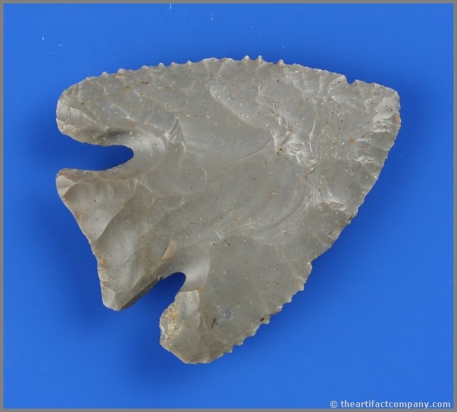 2 1/16" Lost Lake - Davis G-9 and Perino COAs: Very nice small example from Crawford Co., Illinois in a gray Hornstone. Nice serrations and gloss to this piece. David G-9 and Perino COAs.