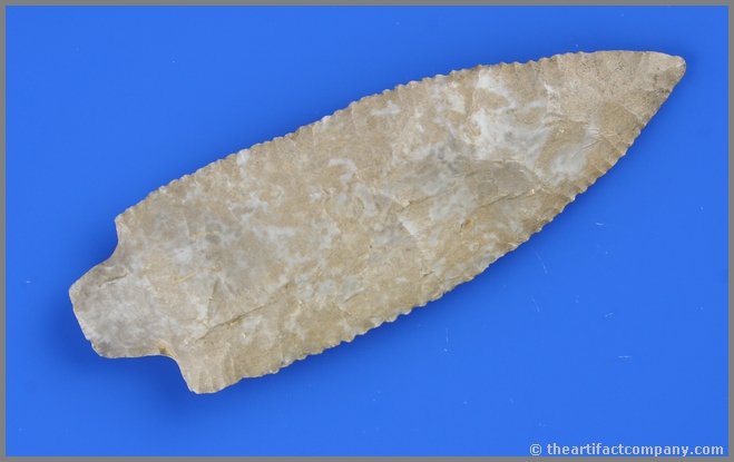 4 3/4" Pickwick - Jackson COA: Mottled blue and tan Fort Payne Chert with super serrations and an extra nice sheen. Ex- Jason Fenn Collection. Tennessee type. Jackson COA.