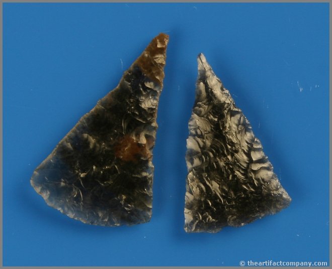 Pair of Large Translucent Obsidian Triangles: Cottonwood types. Tri-Flow Obsidian and Smoky Obsidian examples, both highly translucent, from Northern California. Longest measures 1 5/8".