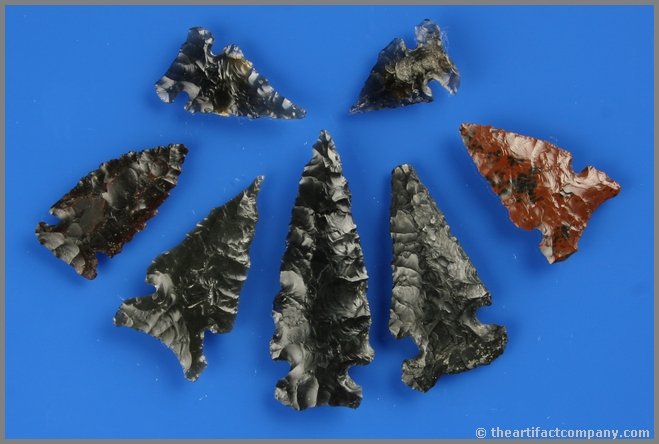 7 Side Notched Obsidian Points: Several are excellent. One is Mahogany Obsidian. Found by Reg Seely and The Beaushane Family between 1940-1971 in Lake Co., Oregon.