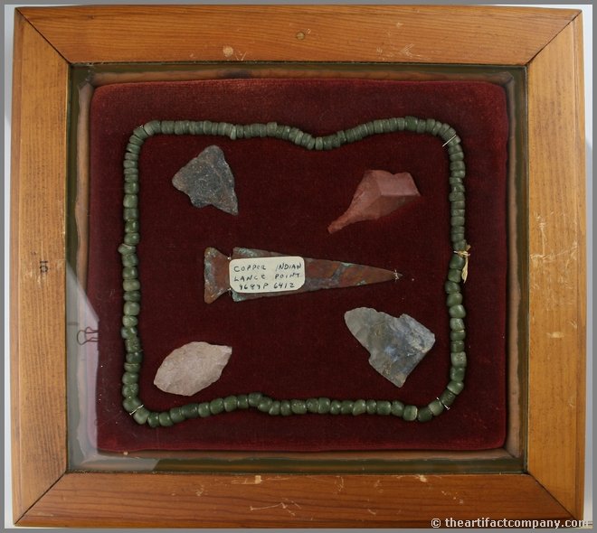 Decorative Only Frame with Necklace: Nice display with early Glass trade beads, some flint and copper artifacts. DECORATIVE ONLY. Ex - Theodore Kouba Collection.