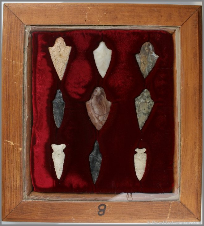 Decorative Only Frame of 9 Arkansas Points: Nice display of 9 points found by Theodore Kouba in 1927 in Perry Co., Arkansas. DECORATIVE ONLY