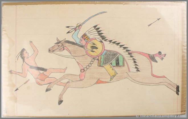 9 1/2"x15 1/2" Sioux Ledger Drawing: Nice drawing of a Chief running down an opponent with a sword and shield. Colored Pencil. Shrunk-wrapped in plastic on cardboard for preservation.