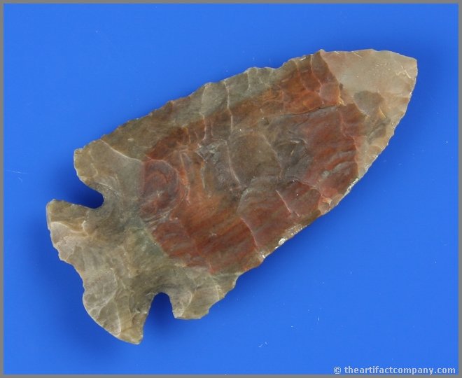 3 1/8" Carter Cave Dovetail - Tip Rechipped: Superb Dovetail made of gorgeous red and brown Carter Cave flint. Ex- Adams Collection. Ottawa Co., Ohio. Tip has been rechipped in modern times.
