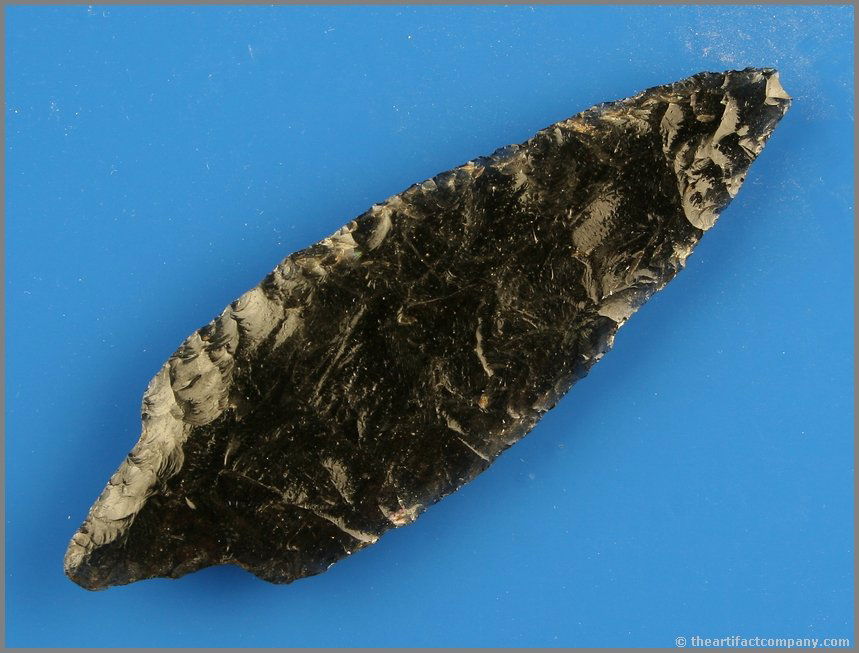 3 1/2" Vandenberg Contracting Stem: Great form. Excellent translucency. Diagonally striped 'ICE' Obsidian. Ex- Bill Heap Collection. California.