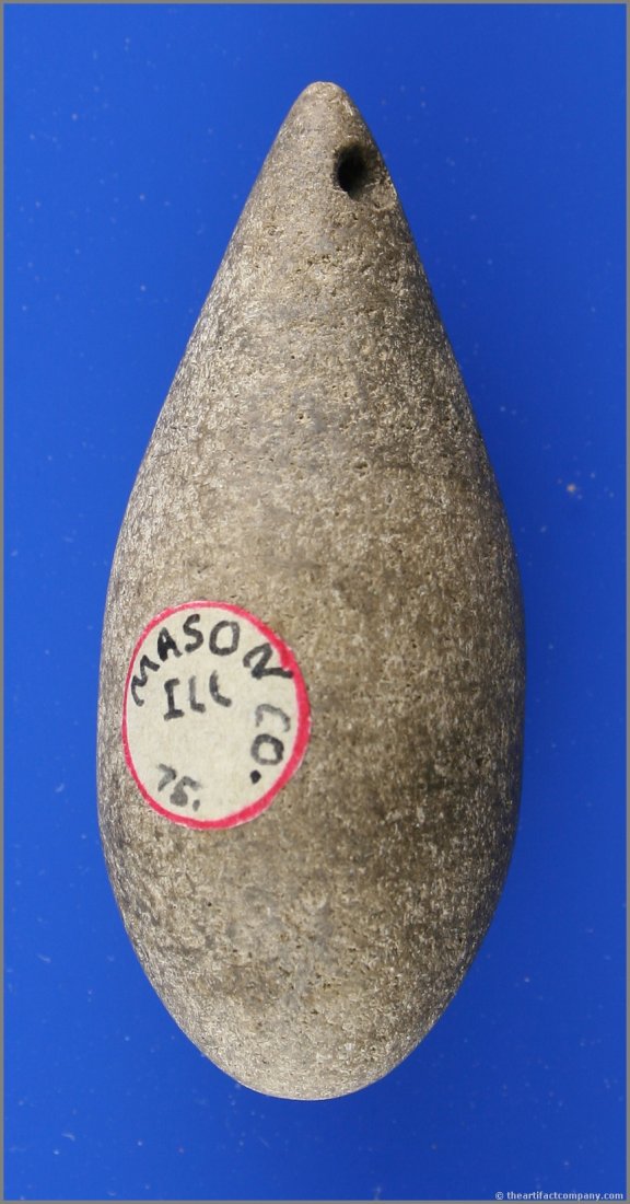 2 3/8" Drilled Plummet: Limestone example from Mason Co., Illinois with good weathering and age.