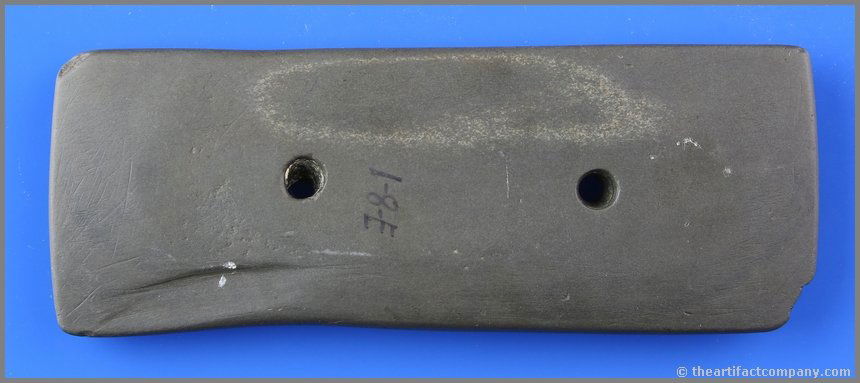 5 7/16" Tablet Type Gorget - Davis COA: Large example made of pretty greensih gray and black banded slate. Thin and highly polished with two holes. Found in Trumbull Co., Ohio in 2994. Ex- B.B. Thomas Collection. Davis COA.