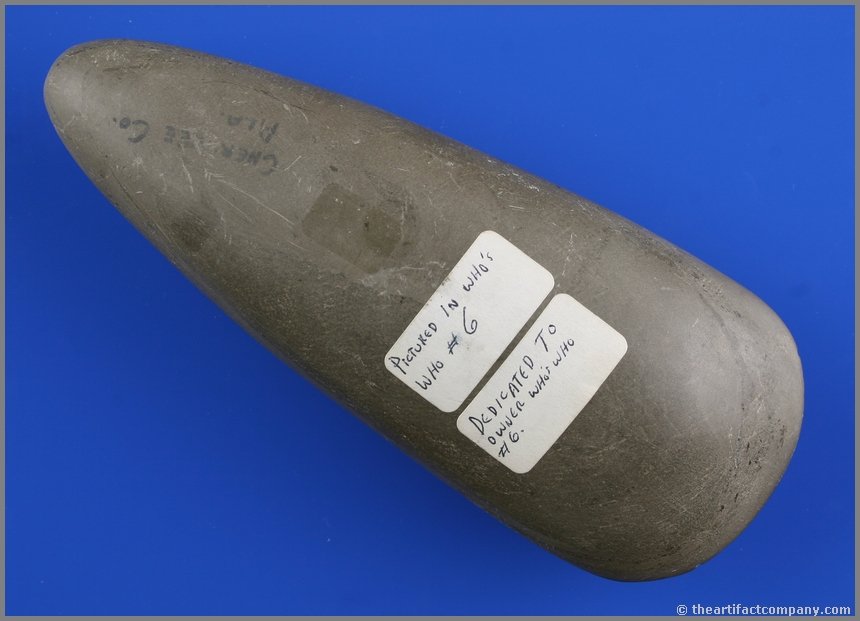 7 1/4" Copena Tapered Poll Celt: Very nice tapered poll celt from Cherokee Co., Alabama and pictured in Who's Who #6. Greenish Hardstone/Argillite