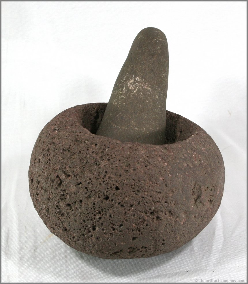 Mortar and Pestle: Mortar Bowl (Basalt) measures 5 1/4" in diameter, pestle measures 5". Merced Co., California.