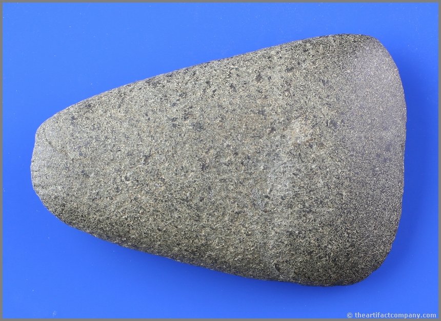 4 3/4" Flared Celt: Well made in green speckled granite. Highly polished. Found in Greene Co., Ohio. Ex- Whalen.