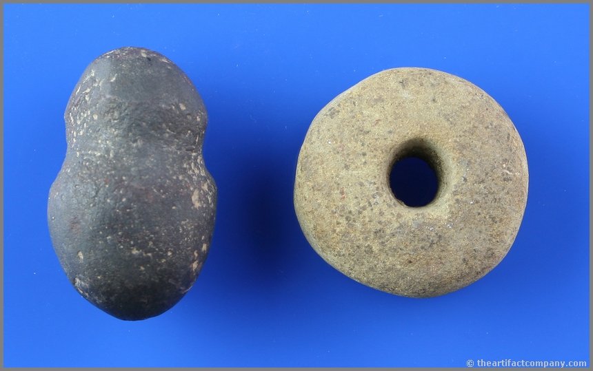 Drilled Discoidal & Hematite Plummet: Extra nice examples. 1 1/2" sandstone discoidal and 1 5/8" hematite plummet from Franklin Co., Ohio. Ex- Scott Yerkes.